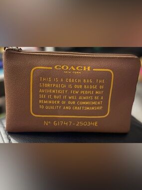 Coach Brown Leather StoryPatch  Wristlet Bag with Yellow Script